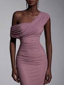 Elitara 2025 New Elegant Mesh One Shoulder Ruched Fitted Maxi Dress, Suitable For Weddings, Formal Events, Bridesmaid Dresses - Dusty Pink - View 5