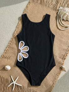 Travachic KIDS Traje de baño de una pieza para niña preadolescente con unicolor, recortes calados y ribete de contraste, adecuado para el verano - Blanco y Negro - Ver 1