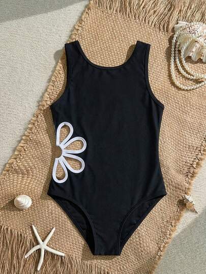Travachic KIDS Áo tắm liền thân màu trơn khoét rỗng phối viền tương phản dành cho bé gái tuổi teen, thích hợp cho mùa hè.