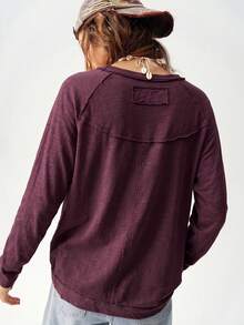 Bohemela Camiseta holgada de mujer de manga raglán de cuello redondo de punto de color liso para vacaciones - Rojo violeta - Ver 2
