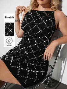 Maija Plus Size Black,Summer,70's,Night Out Rave Club,Party Midi Dress,Lace Patchwork Silver Design Fitted Silhouette Outfit Wedding Guest Cruise Wear - Black - View 1