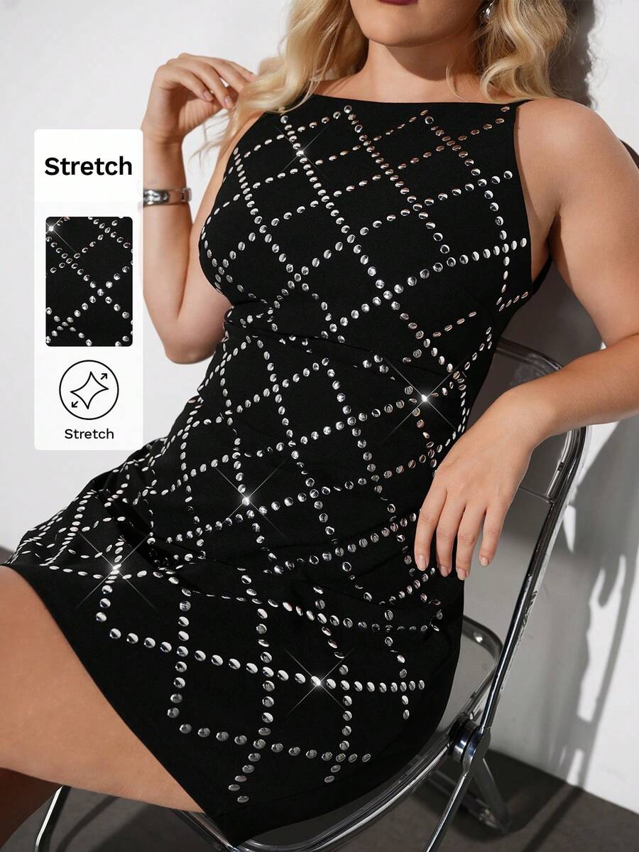 Maija Plus Size Black,Summer,70's,Night Out Rave Club,Party Midi Dress,Lace Patchwork Silver Design Fitted Silhouette Outfit Wedding Guest Cruise Wear - Black - View 1