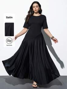 Maija Plus Size Spring/Summer Black Round Neck Short Sleeve Asymmetrical Cut Knit Spliced Flowy Hem Women's Dress Elegant Brunch Tea Party Formal - Black - View 9