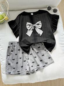 SHEIN 少女 T-shirt 套裝，帶荷葉邊袖口與蝴蝶結，適合日常休閒可愛穿搭，適合返校季，全黑 - 黑色 - 查看 4