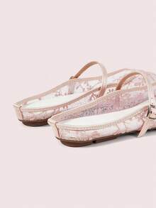 CUCCOO DOLLMOD Women's Shoes, Light Pink, Round Toe Dew Heel Closed Toe Sandals, Flower Embroidered Mesh Yarn, Sweet And Cute, Comfortable, Soft And Breathable - Branches - Powder - View 6