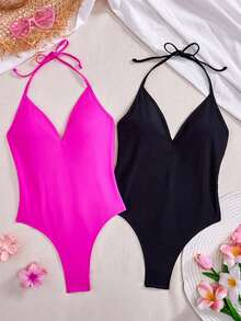 Swim SXY 女士纯色挂脖连体泳衣，两件套沙滩度假套装 - 彩色 - 查看 2