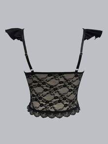 Allurite Damen Kontrast-Spitzen Slim Fit Sexy Cami Top mit Rüschenärmeln - Schwarz - Übersicht 8