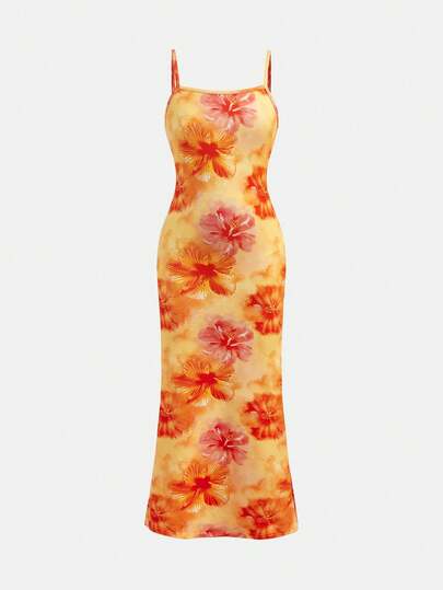 Girlism Tween Girl/Tween Girls' Casual Vacation Orange Knit Tropical Floral Print Hibiscus Slit Hem Spaghetti Strap Midi Snug Fit Dress, Spring/Summer