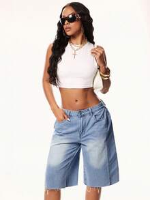 Denimoi Modische Jorts, Modische Jeans-Jorts, Alltags-Streetwear, Plissierte Jorts - Helle Waschung - Übersicht 4