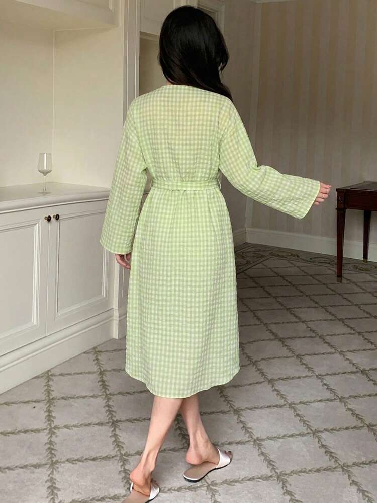 Plaid Lapel Loose Long Robe For Women, Summer