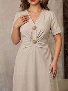 Modelyn Plus Size Women Metal Sun Decor Short Sleeve Elegant Dress - Apricot - View 5