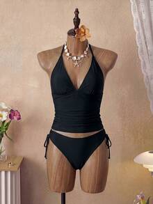 Swim Mod Women's 2-Piece Solid Color Sexy Cute Spaghetti Strap Tie-Up Bikini Set, Elegant Beach Holiday Party Bikini Set - Black - View 3