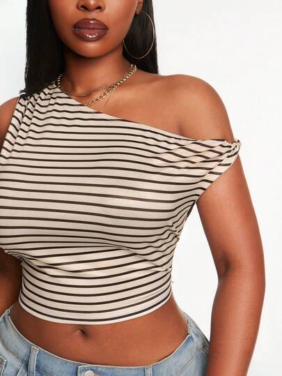 Radiana Plus Size Women's Apricot Brown Striped Elegant Versatile Asymmetrical Collar Cropped Fitted T-Shirt Crop Top,Suitable For Leisure,Daily Wear,Versatile,Street Style,Coachella,Western Wear,Music Festival,Vintage,Minimalism,Concert,Carnival Party,Resort,Outing,Vacation,Holiday,Date Night,Gathering,Birthday,Bachelorette Party Outfit ,Gyaru,Break,Rave,Modest,Chic,Club,Cute,Casul,Shopping, Streetwear,Going Out,Y2K,Y3K,Coquette,Flatter The Figure