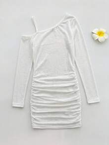 DAZY Baju Renang Terusan Anak Perempuan Remaja Lengan Panjang dengan Desain Bahu Asimetris untuk Musim Panas - Putih - View 5