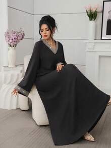 Al Najma Solid Color V-Neck Loose Long Sleeve Elegant Ribbon Decor Everyday Dress - Black - View 7
