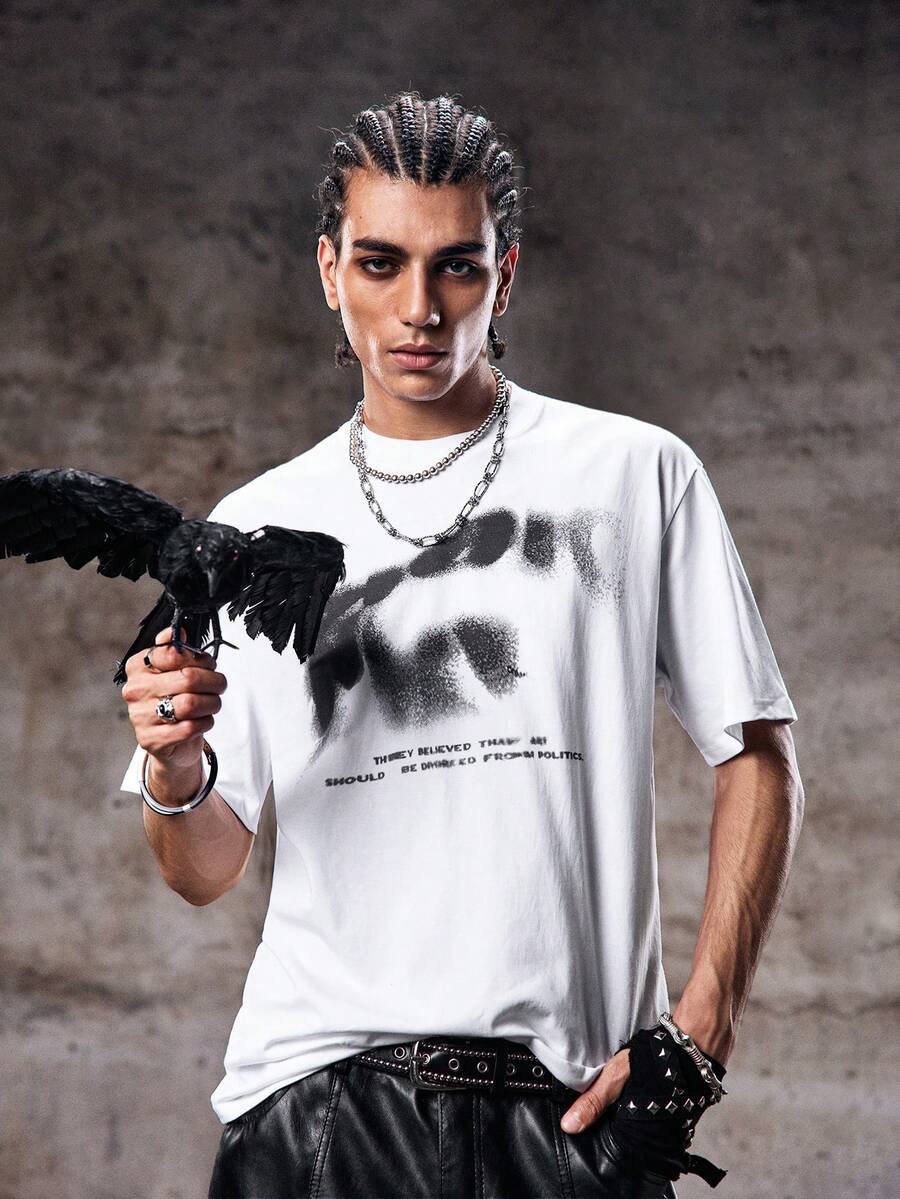男士街頭風白色模糊字母圖案 emo 短袖 T-shirt - 白色 - 查看 1