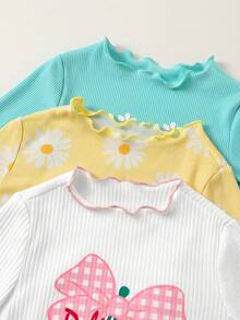 SHEIN 6pcs Baby Girl Knitted Solid Color Floral & Fruit Pattern Ruffle Collar Casual T-Shirt And Pants Set - Multicolor - View 3