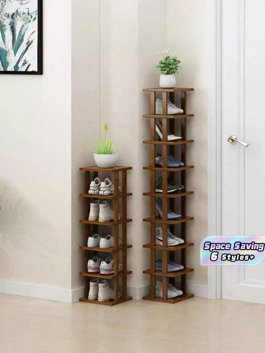 PC Multilayer Elegant Bamboo Shoe Rack Natural Wood Grain Texture Space Saving Design Easy Assembly For Dormitory Hallway Kitchen Sneakers High Heels Stiletto Storage Square Stackable Shelf Home Organizer - Multicolor - View 1