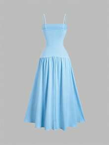 Sweetra Women's Elegant Ruffle Strap Sleeveless Long Dress,Light Blue,Summer,Elegant,Brunch,Fitted Silhouette,Daily Commute,Summer Party Dress - Blue - View 2