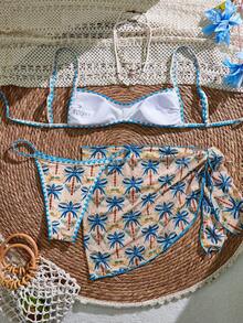 Bellisia Conjunto de traje de baño de 3 piezas para mujer: floral, con bordes dentados, vestido sexy para cubrirse, fiesta de playa - Multicolor - Ver 2