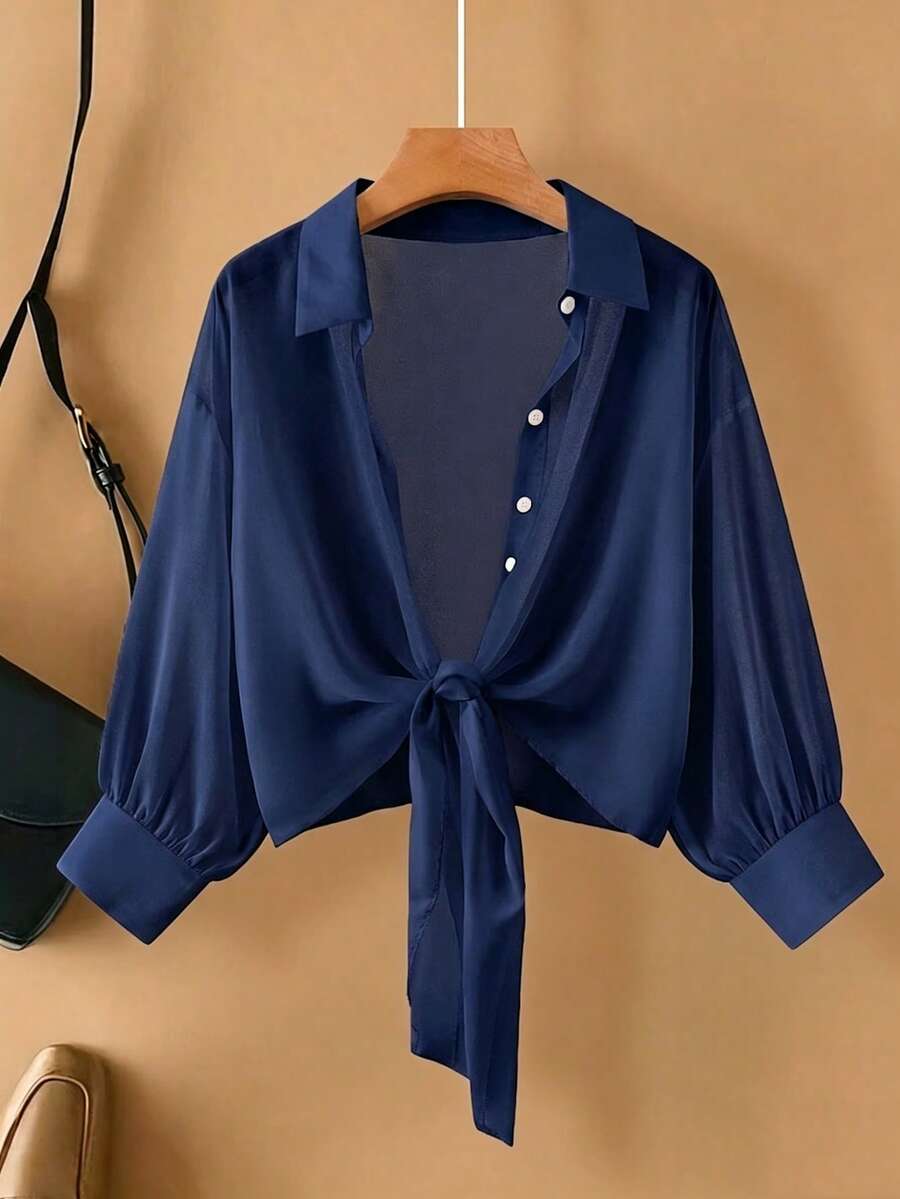 GlowEve CURVE Plus Size Casual Versatile Commuter Solid Color Shirt With Drawstring Blouse For Women Blouse For Women Casual Elegant - Navy Blue - View 1