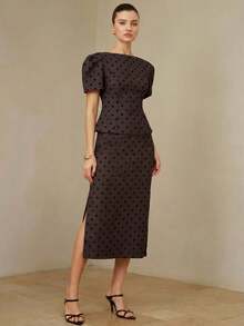 BELROSIE New Arrival Black & Gray Contrast Flocked Polka Dot Off-Shoulder Puff Sleeve Crop Top & Skirt Set, Retro French Style - Multicolor - View 1