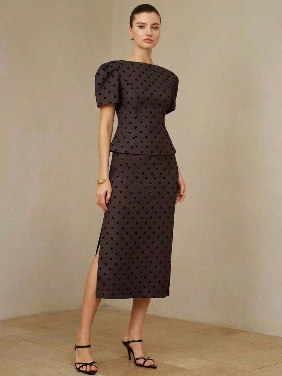 BELROSIE New Arrival Black & Gray Contrast Flocked Polka Dot Off-Shoulder Puff Sleeve Crop Top & Skirt Set, Retro French Style - Multicolor - View 1