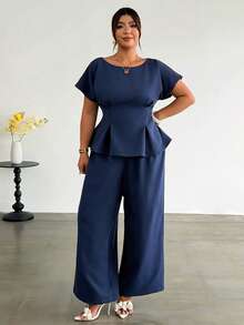 Firerie Summer Women's Elegant Navy Blue 2-Piece Set,Formal Work Commute Bamboo Texture Round Neck Short Sleeve Waist Pleated Top&Loose Wide Leg Pants Outfit - Navy Blue - View 8
