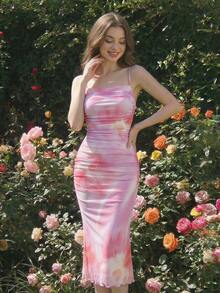 SHEIN MOD Vestido largo de tirantes con estampado floral rosa y plisado de malla para el verano - Morado - Ver 1