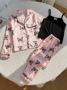 3件套女童黑色吊带背心和蝴蝶印花粉色缎面睡衣套装，适合秋冬季穿着 - 彩色 - 查看 3