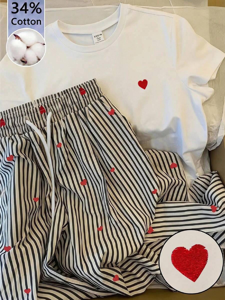 SHEIN Teenager Mädchen Herz Dekor Rundhals Kurzarm lässig T-Shirt Set, Sommer - Verschiedenfarbig - Übersicht 1