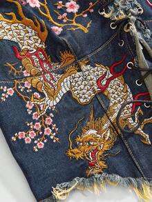 ROMWE Avant 女士复古摩托车 J-FASHION 新款中国风刺绣露背性感加大码牛仔上衣 - 藍色 - 查看 4