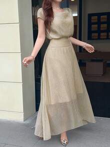 Feyla Women's Elegant Textured Waist Cinching Summer Skirt - Khaki - View 6