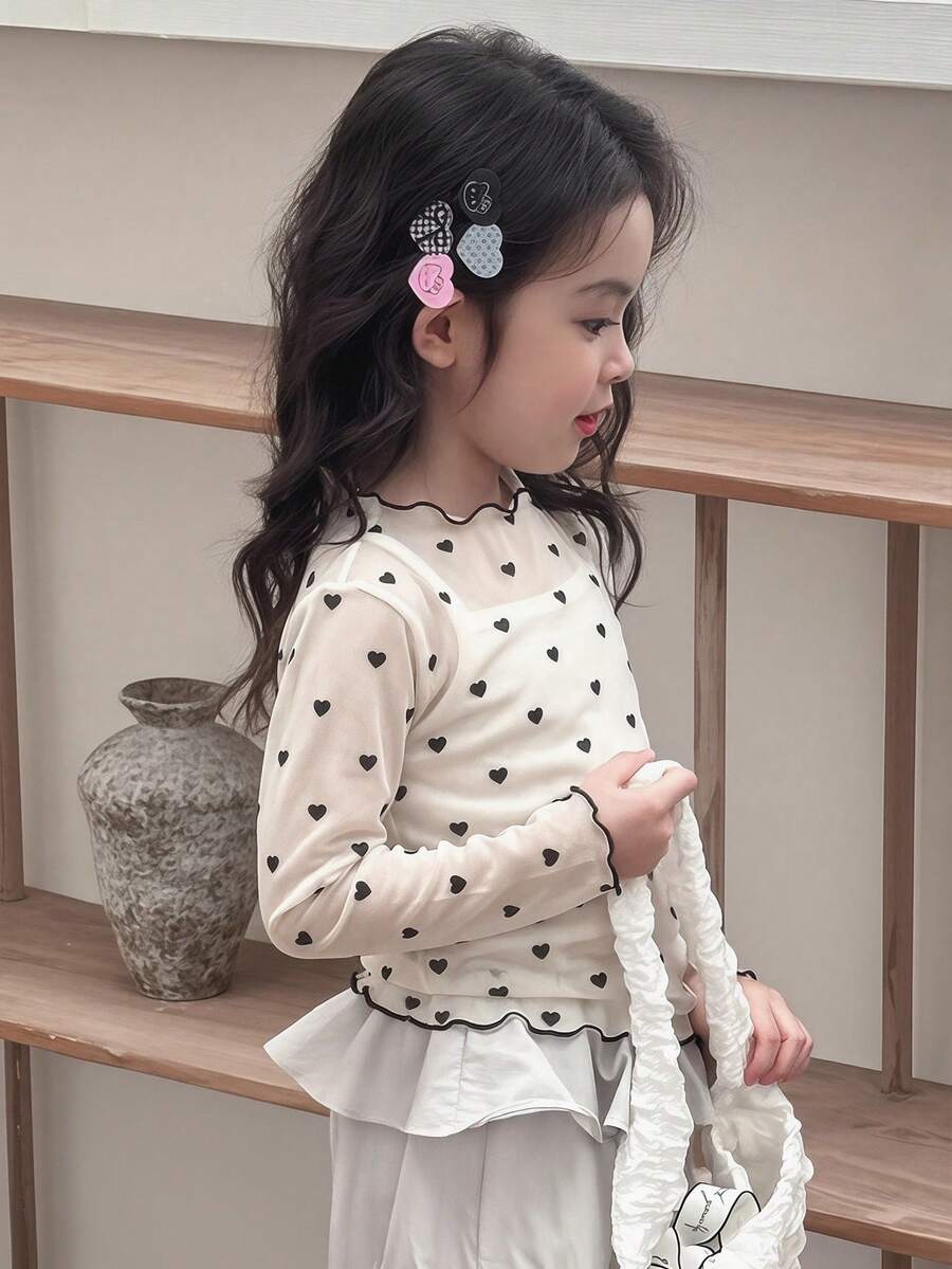 Dazy Kids 少女爱心印花荷叶边长袖薄纱T恤,可爱法式风格 - 白色 - 查看 1