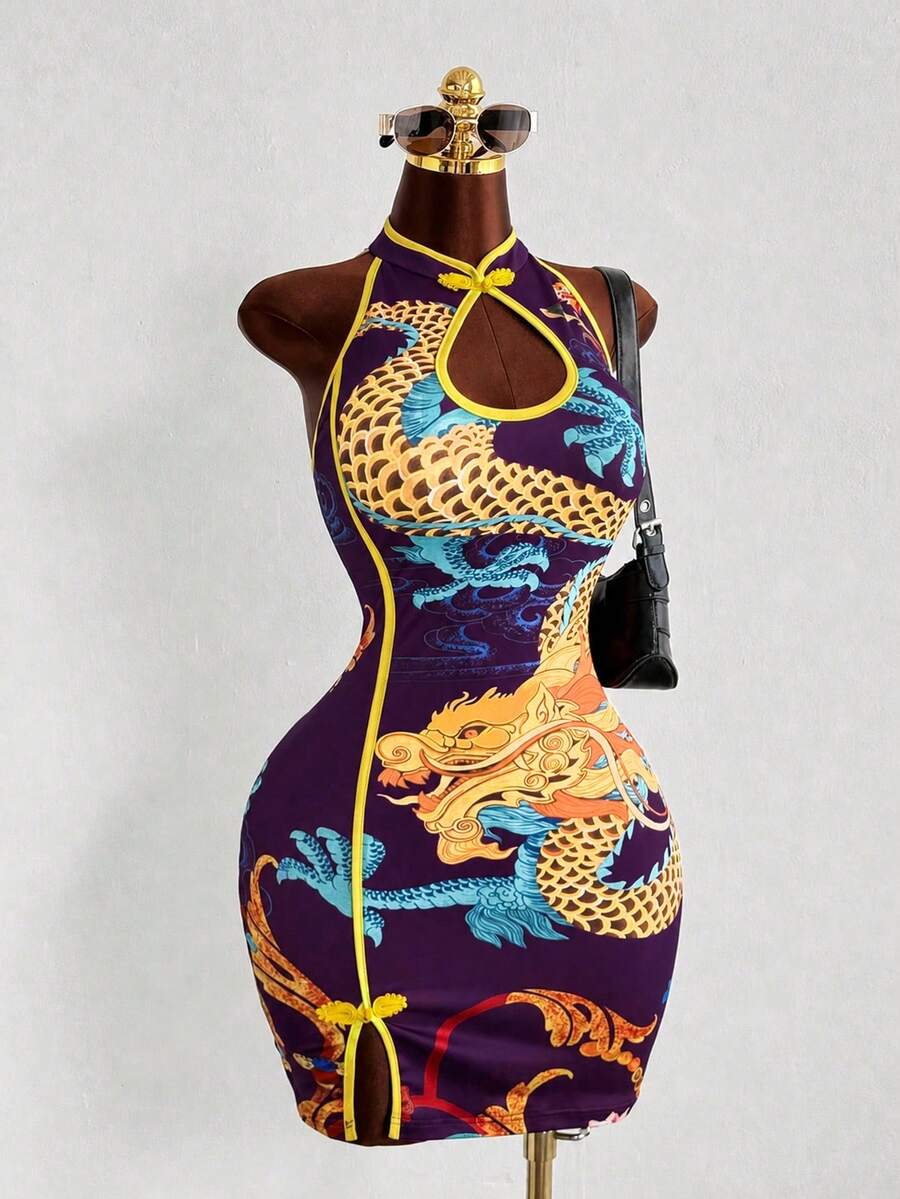 Sunspun Đầm sườn xám cổ yếm in rồng phong cách Trung Hoa, đầm ôm body mini phối màu tương phản, đầm không tay gợi cảm phong cách retro - Màu tím - Xem 1