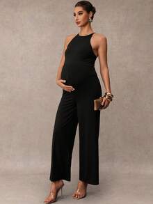 MaterniChic Maternity Wear, Maternity Jumpsuits, Summer Black Maternity Jumpsuit, Simple Yet Elegant With A Cutout Back - Black - View 6