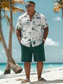 Surfspeed Plus Size Men's All-Over Print Button Front Short Sleeve Top And Solid Color Side Pocket Shorts Beach Outfit Holiday / Vacation / Beach / Hawaii / Tro - Dark Green - View 2