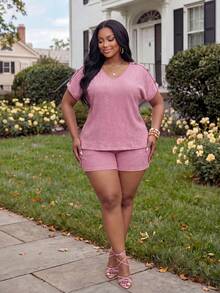 Veslaya Plus Size Women Solid Color Short Sleeve Top And Shorts Casual Daily Outfit - Pink - View 5