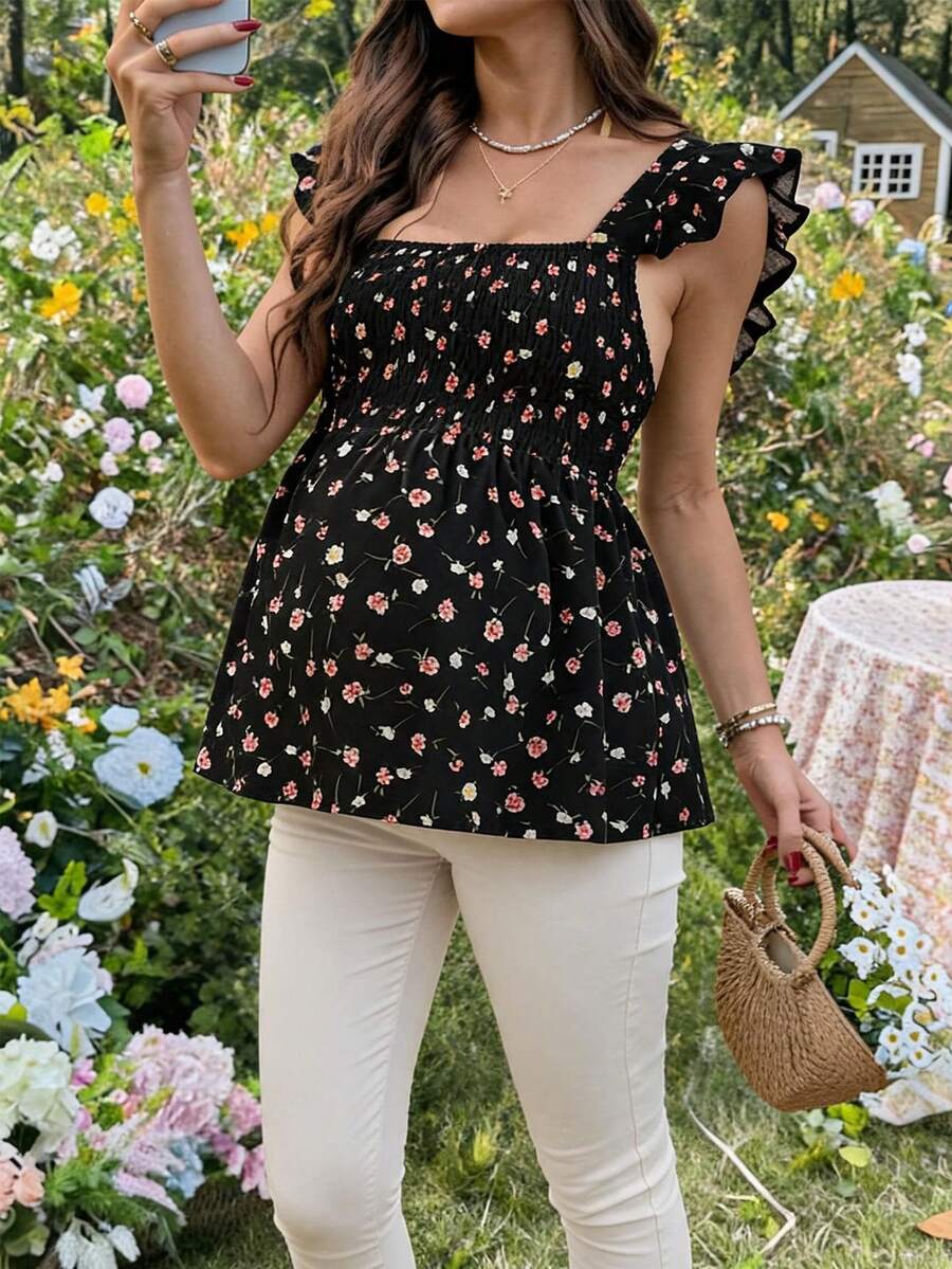 SHEIN Maternity Top With Ruffle Sleeves, Square Neck, Bow Tie Back Design, A-Line Hem, Purple Floral Holiday Picnic Summer Boho - Black - View 1