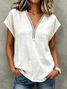 SHEIN Holidaya EMERY ROSE Breezaya Women's Off-White Summer Casual Vacation V-Neck Shirt,Elegant Spliced Lace Trim Bamboo Texture Drop Shoulder Blouse Commute Tops - White - View 3