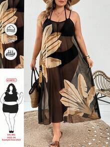 SHEIN CURVE+ 大码女式休闲热带沙滩度假宽松无袖印花长款罩衫 - 黑色 - 查看 9