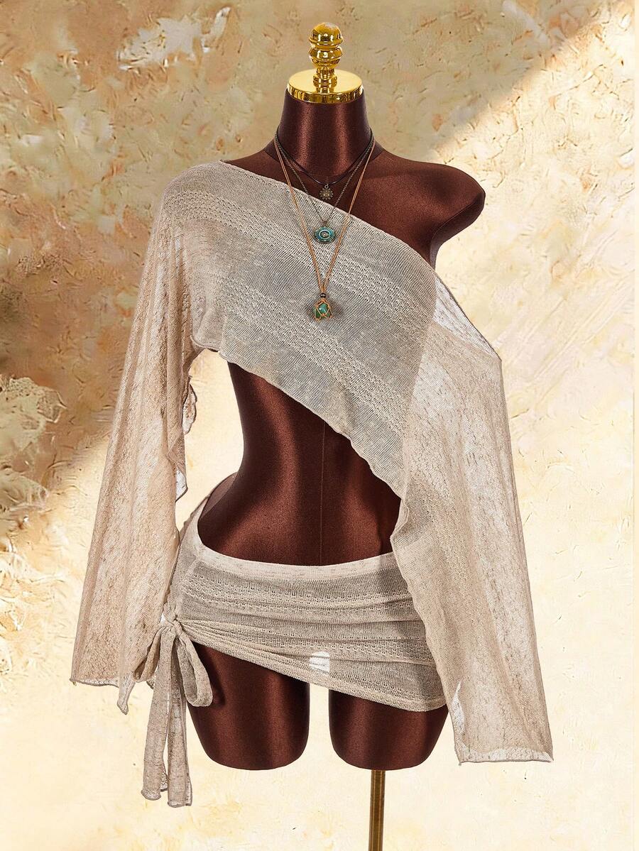 Amplova Romantic Boho New Style Crochet See-Through Asymmetric Shoulder Cover Up Top & Tie-Up Mini Skirt 2-Piece Set For Women - Khaki - View 1