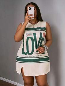 Slaydiva Plus Size Light Green Summer Grunge Back-To-School Sleeveless Letter Print Dress,Everyday Casual Street Music Festival Loungewear Cycling Vacation - Multicolor - View 2