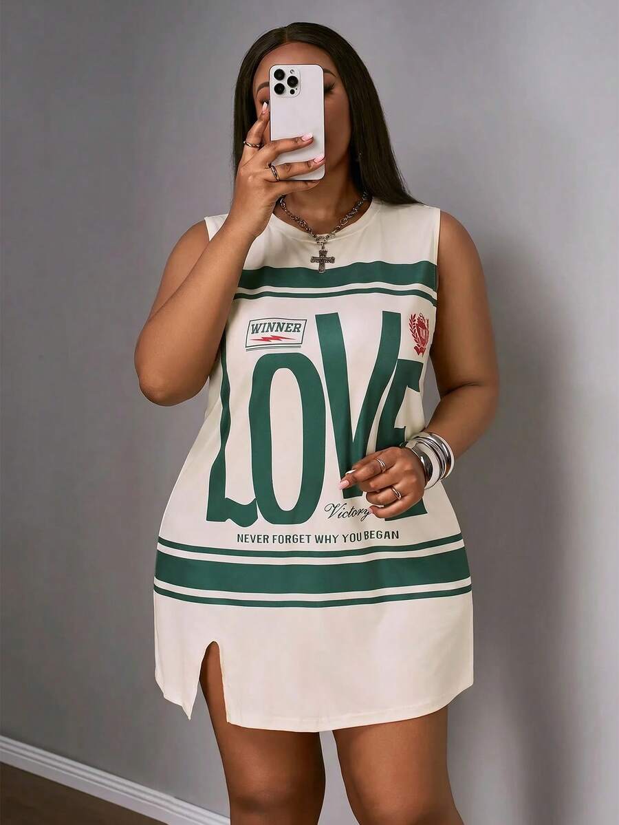 Slaydiva Plus Size Light Green Summer Grunge Back-To-School Sleeveless Letter Print Dress,Everyday Casual Street Music Festival Loungewear Cycling Vacation