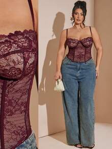 SHEIN BAE 大码女式蕾丝拼接性感百搭约会之夜吊带背心 - 酒紅色 - 查看 1