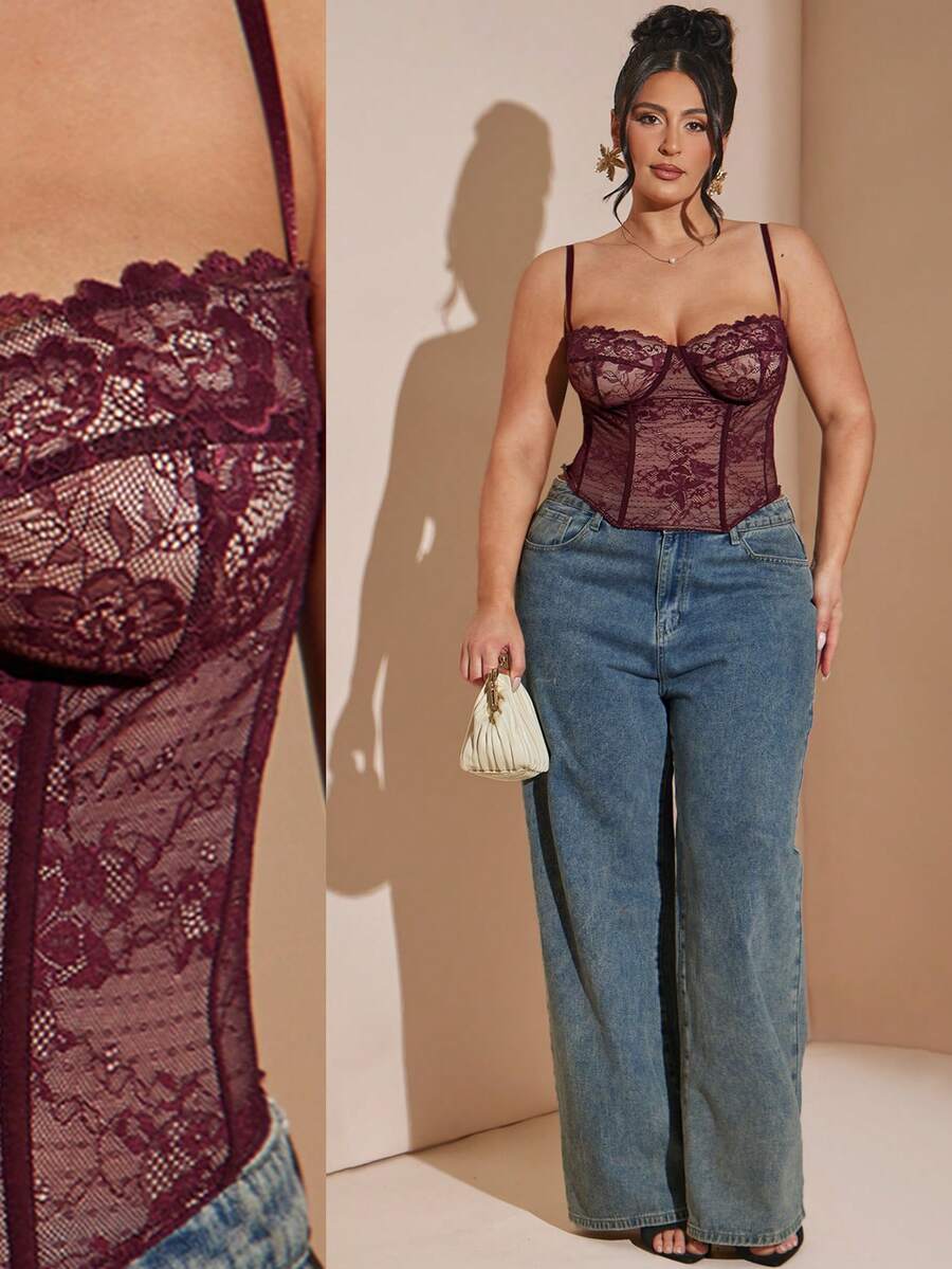 SHEIN BAE 大码女式蕾丝拼接性感百搭约会之夜吊带背心 - 酒紅色 - 查看 1