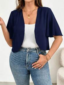 Basic Black Short-Sleeved Cardigan, Versatile And Comfortable For Everyday Wear, Plus Size Women's Casual Fashion, Summer Coats, Going-Out Blouses, Office Wear, Vacation Wear - 藏蓝色 - 查看 8