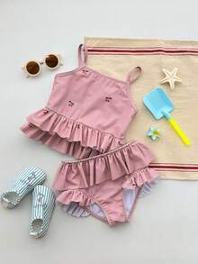 Dazy Kids 少女樱桃印花荷叶边比基尼套装，夏季海滩度假 - 粉色 - 查看 5