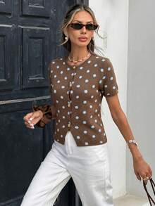 Serisse Women's Contrast Polka Dot Print Short Sleeve Knit Top - Brown - View 5