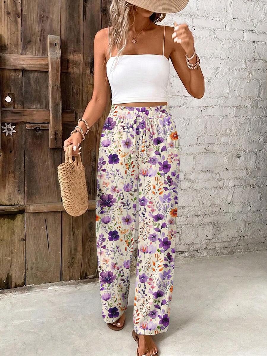 SHEIN Frenchy Quần ống đứng thắt eo nữ phong cách thường ngày với họa tiết hoa tím lãng mạn – Phong cách thanh lịch cho kỳ nghỉ xuân/hè, hoàn hảo cho bãi biển, du thuyền, lễ hội âm nhạc Boho & lễ hội phương Tây, phong cách cô gái đảo vintage - Nhiều màu - Xem 1